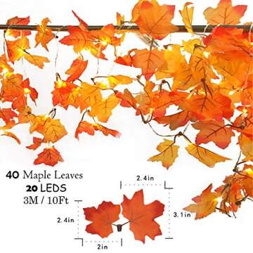 Thanksgiving Decorations Golden Maple Lighted Fall Garland 10ft 20 LEDs 2Pack Maple Leaves Waterproof Battery Operated String Lights with Remote Control Timer for Halloween, Christmas, Decorations