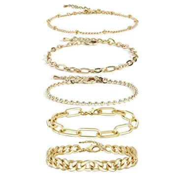 Gold Link Bracelet for Women 14K Gold Plated Dainty Link Beads Bracelets Adjustable Layered Metal Li...