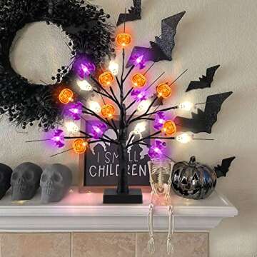 18 Inch Black Halloween Tree Light with 24 LED Pumpkin Bat Ghost Lights, Timer/USB/Battery Operated ...