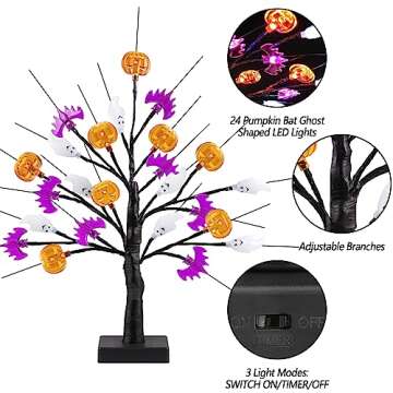 18 Inch Black Halloween Tree Light with 24 LED Pumpkin Bat Ghost Lights, Timer/USB/Battery Operated Halloween Lights Halloween Decorations Indoor Outdoor for Home, Table, Mantle, Party Decor