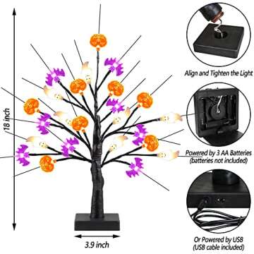18 Inch Black Halloween Tree Light with 24 LED Pumpkin Bat Ghost Lights, Timer/USB/Battery Operated Halloween Lights Halloween Decorations Indoor Outdoor for Home, Table, Mantle, Party Decor