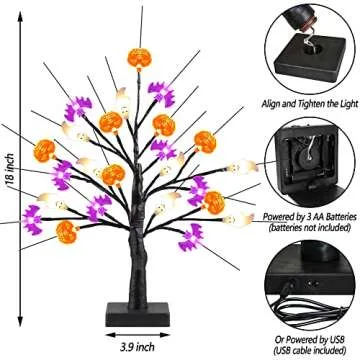 18 Inch Black Halloween Tree Light with 24 LED Pumpkin Bat Ghost Lights, Timer/USB/Battery Operated Halloween Lights Halloween Decorations Indoor Outdoor for Home, Table, Mantle, Party Decor