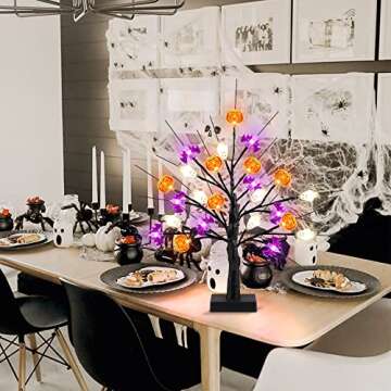 18 Inch Black Halloween Tree Light with 24 LED Pumpkin Bat Ghost Lights, Timer/USB/Battery Operated Halloween Lights Halloween Decorations Indoor Outdoor for Home, Table, Mantle, Party Decor