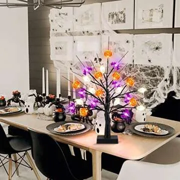 18 Inch Black Halloween Tree Light with 24 LED Pumpkin Bat Ghost Lights, Timer/USB/Battery Operated Halloween Lights Halloween Decorations Indoor Outdoor for Home, Table, Mantle, Party Decor