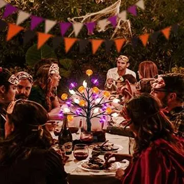 18 Inch Black Halloween Tree Light with 24 LED Pumpkin Bat Ghost Lights, Timer/USB/Battery Operated Halloween Lights Halloween Decorations Indoor Outdoor for Home, Table, Mantle, Party Decor