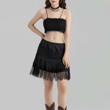 Sawden Women Lace Skirt Ruffle Mini Skirt Half Slip Layered Pleated Flowy Skirt Black S