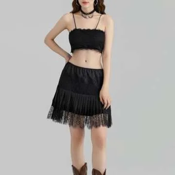 Sawden Women Lace Skirt Ruffle Mini Skirt Half Slip Layered Pleated Flowy Skirt Black S