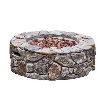 Teamson Home 28 in. Outdoor Round Propane Gas Smokeless Fire Pit with Sturdy Faux Stacked Stone Base, Quick Ignition and Weather-Resistant PVC Cover, Gray