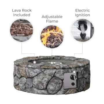 Teamson Home 28 in. Outdoor Round Propane Gas Smokeless Fire Pit with Sturdy Faux Stacked Stone Base, Quick Ignition and Weather-Resistant PVC Cover, Gray