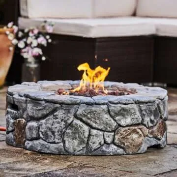 Teamson Home 28 in. Outdoor Round Propane Gas Smokeless Fire Pit with Sturdy Faux Stacked Stone Base, Quick Ignition and Weather-Resistant PVC Cover, Gray