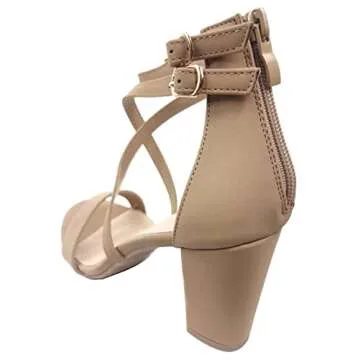 Over the Toe Strap Ankle Wrap Strap Heel Open Toe Block Heel Criss Cross Low, Tan, 6.5