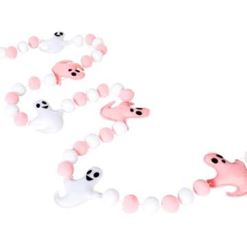 Pink Halloween Decor with Pink Ghost Garland for Pink Halloween Decorations,Pink Halloween Garland Indoor in Pastel Halloween Decor with Halloween Felt Garland and Happy Halloween Banner.