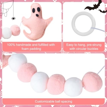 Pink Halloween Decor with Pink Ghost Garland for Pink Halloween Decorations,Pink Halloween Garland Indoor in Pastel Halloween Decor with Halloween Felt Garland and Happy Halloween Banner.