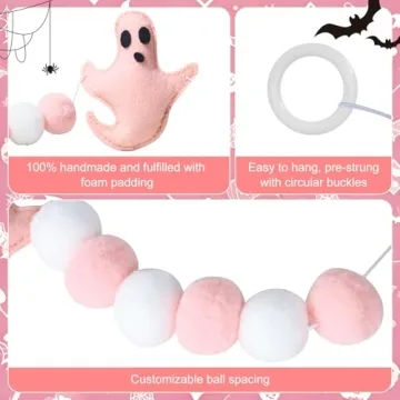 Pink Halloween Decor with Pink Ghost Garland for Pink Halloween Decorations,Pink Halloween Garland Indoor in Pastel Halloween Decor with Halloween Felt Garland and Happy Halloween Banner.