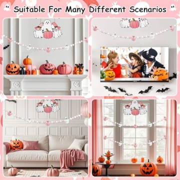 Pink Halloween Decor with Pink Ghost Garland for Pink Halloween Decorations,Pink Halloween Garland Indoor in Pastel Halloween Decor with Halloween Felt Garland and Happy Halloween Banner.