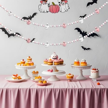 Pink Halloween Decor with Pink Ghost Garland for Pink Halloween Decorations,Pink Halloween Garland Indoor in Pastel Halloween Decor with Halloween Felt Garland and Happy Halloween Banner.