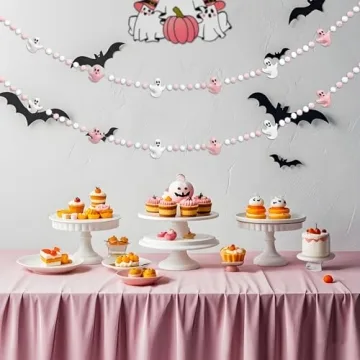 Pink Halloween Decor with Pink Ghost Garland for Pink Halloween Decorations,Pink Halloween Garland Indoor in Pastel Halloween Decor with Halloween Felt Garland and Happy Halloween Banner.