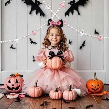 Pink Halloween Decor with Pink Ghost Garland for Pink Halloween Decorations,Pink Halloween Garland Indoor in Pastel Halloween Decor with Halloween Felt Garland and Happy Halloween Banner.