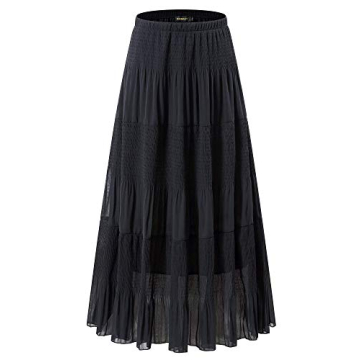NASHALYLY Women's Chiffon Elastic High Waist Pleated A-Line Flared Maxi Skirts(Black,S)