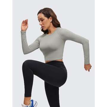 CRZ YOGA Womens Long Sleeve Crop Workout Tops Athletic Yoga Running Cropped Tops Slim Fit Gym Shirts Rock Grey Medium
