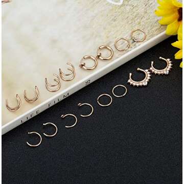 REVOLIA 16Pcs 20G Stainless Steel Fake Nose Ring Hoop Clip On Cuff Earrings Cartilage Septum Ring Tr...