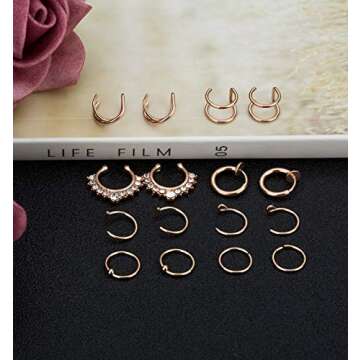 REVOLIA 16Pcs 20G Stainless Steel Fake Nose Ring Hoop Clip On Cuff Earrings Cartilage Septum Ring Tragus Ear Faux Piercing Body Jewelry R