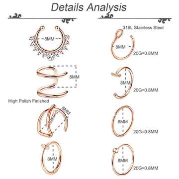 REVOLIA 16Pcs 20G Stainless Steel Fake Nose Ring Hoop Clip On Cuff Earrings Cartilage Septum Ring Tragus Ear Faux Piercing Body Jewelry R