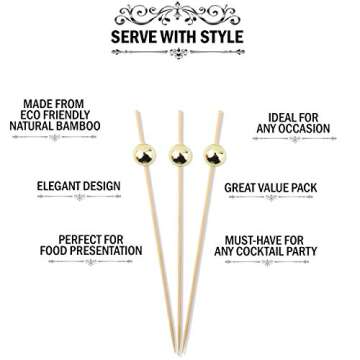 Bamboo Cocktail Picks Skewers Toothpicks - (Pack of 320) 4.75 Inch Gold Pearl Wooden Frill Tooth Picks for Appetizer Martini Food Garnish Cocktail Sandwich Fruit Kabobs – Catering Weddings Decorative