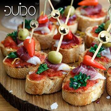 Bamboo Cocktail Picks Skewers Toothpicks - (Pack of 320) 4.75 Inch Gold Pearl Wooden Frill Tooth Picks for Appetizer Martini Food Garnish Cocktail Sandwich Fruit Kabobs – Catering Weddings Decorative