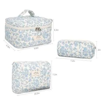 GISMTR 3Pcs Cotton Quilted Makeup Bag Large Travel Cosmetic Bag Coquette Makeup Pouch Cute Aesthetic Floral Toiletry Bag for Women Girls