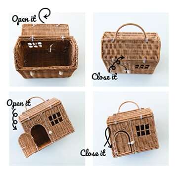 Rool Rattan House Shaped Basket Wicker Small Dollhouse Gift for Girls, Boho Toys, Mouse in a Box House, Little Girl Purse Clutch, Doll Carrier (Brown)