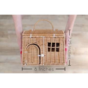 Rool Rattan House Shaped Basket Wicker Small Dollhouse Gift for Girls, Boho Toys, Mouse in a Box House, Little Girl Purse Clutch, Doll Carrier (Brown)