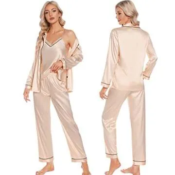 Luxurious SWOMOG Women's 4pc Satin Pajama Set Champagne