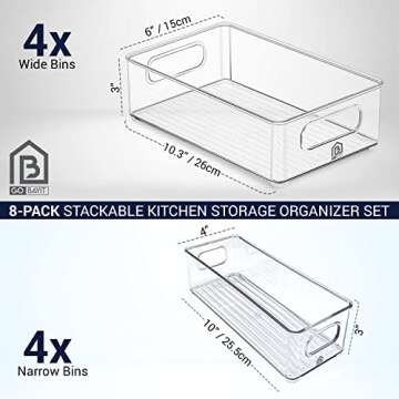 8-Pack Stackable Kitchen Storage Organizer Set for Refrigerator, Pantry Shelf, Freezer, Cabinet Shelves, Food Storage - 2 & 3 Quart Clear Organization Bins for Food Storage, Microwave Cart, Bathroom
