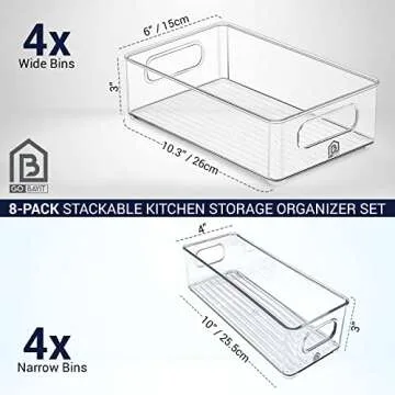 8-Pack Stackable Kitchen Storage Organizer Set for Refrigerator, Pantry Shelf, Freezer, Cabinet Shelves, Food Storage - 2 & 3 Quart Clear Organization Bins for Food Storage, Microwave Cart, Bathroom