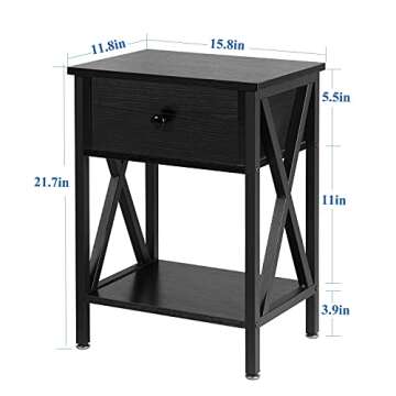 VECELO End Tables, Modern Nightstand with Drawer & Shelf, Night Stand for Bedroom Living Room ,Industrial Metal Frame