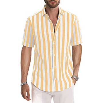 JMIERR Men's Summer Casual Stylish Short Sleeve Button-Down Shirt - Yellow and White Stripe