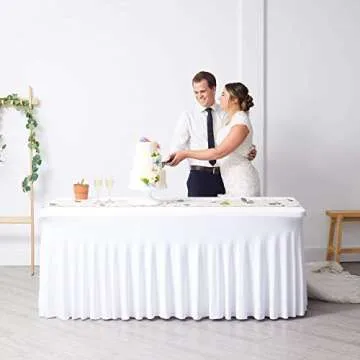 Perfect Memories Premium 6ft Spandex Fitted Tablecloth and Table Skirt (White) - One-Piece, Wrinkle-Resistant Ruffles Design Installs in Seconds | Weddings, Banquets, Baby Showers, Parties, Events