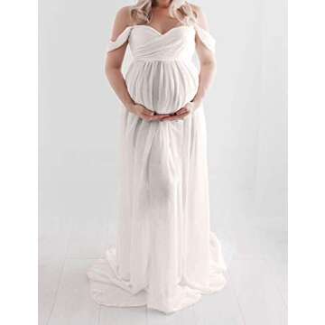 OQC Maternity Off Shoulder Chiffon Gown Lace Split Front Maxi Photography Dress for Photoshoot Dress...