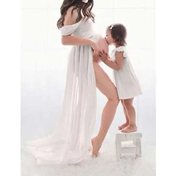 OQC Maternity Off Shoulder Chiffon Gown Lace Split Front Maxi Photography Dress for Photoshoot Dress White