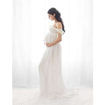 OQC Maternity Off Shoulder Chiffon Gown Lace Split Front Maxi Photography Dress for Photoshoot Dress White