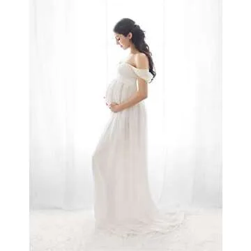 OQC Maternity Off Shoulder Chiffon Gown Lace Split Front Maxi Photography Dress for Photoshoot Dress White
