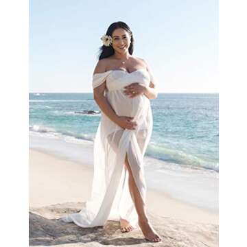 OQC Maternity Off Shoulder Chiffon Gown Lace Split Front Maxi Photography Dress for Photoshoot Dress White