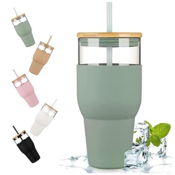 kytffu 32oz Stylish Glass Tumbler - Reusable Straw & Lid