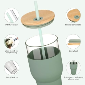 kytffu 32oz Stylish Glass Tumbler - Reusable Straw & Lid