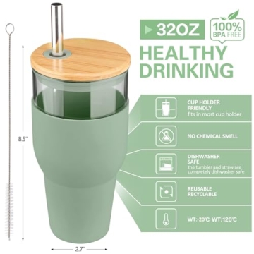 kytffu 32oz Stylish Glass Tumbler - Reusable Straw & Lid