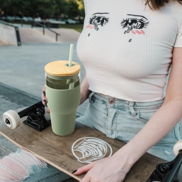 kytffu 32oz Stylish Glass Tumbler - Reusable Straw & Lid