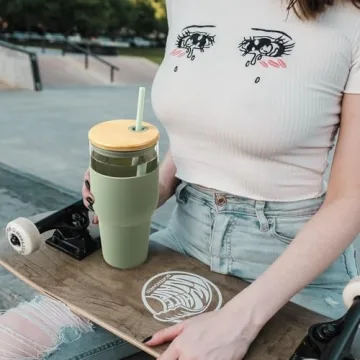 kytffu 32oz Stylish Glass Tumbler - Reusable Straw & Lid