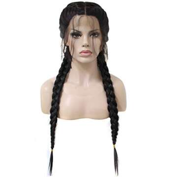 Ebingoo 28 Inches Black Double Braids Wig for Women Girls+Wig Cap Natural Black Synthetic Long Lace Front Wig with Baby Hair Wigs Heat Resistant Fiber for Women Girls Dairly Wear Party Cosplay