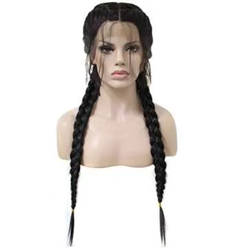 Ebingoo 28 Inches Black Double Braids Wig for Women Girls+Wig Cap Natural Black Synthetic Long Lace Front Wig with Baby Hair Wigs Heat Resistant Fiber for Women Girls Dairly Wear Party Cosplay